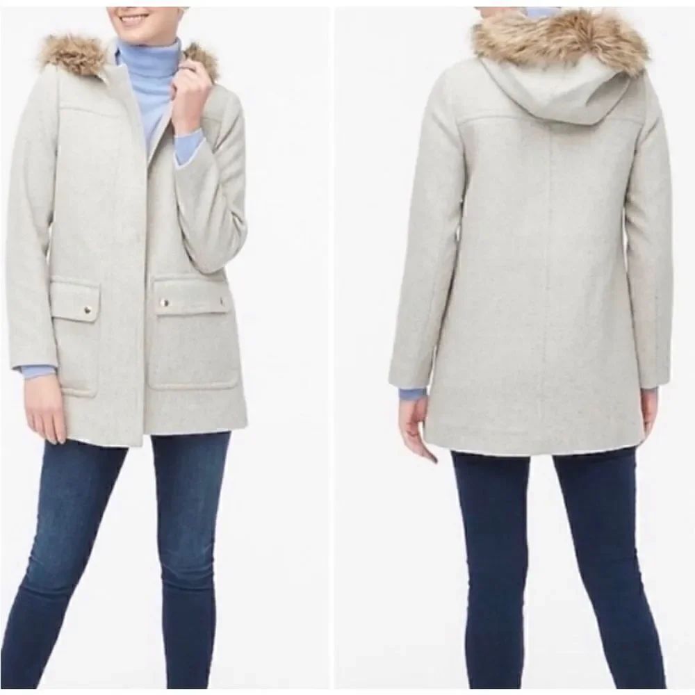 J Crew Gray Vail Wool Heather Dusk Fur Hood Parka Jacket, Size 4 / Small
